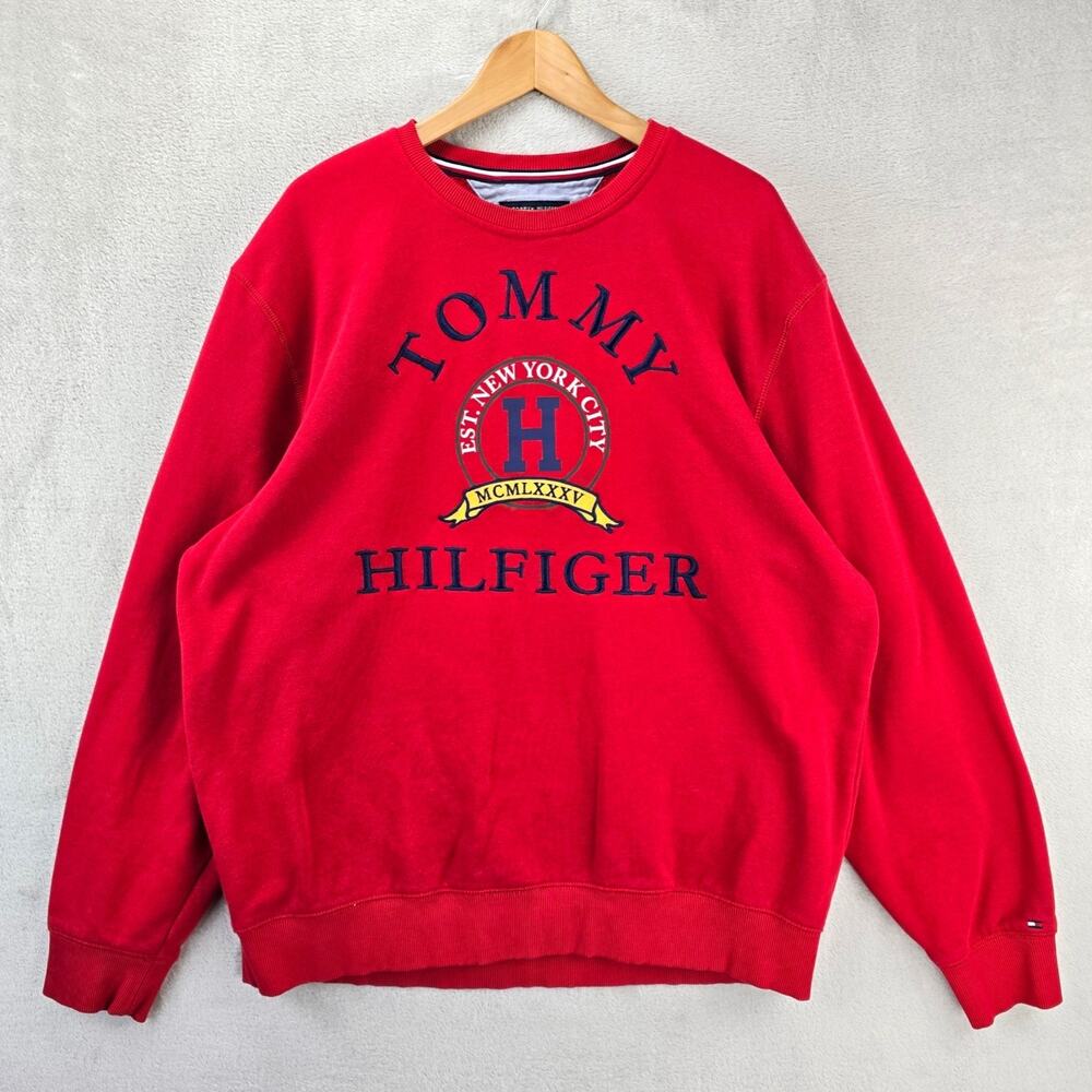 Tommy Hilfiger Embroidered Crest Logo Sweatshirt Mens XXL Red New York Vtg Y2K